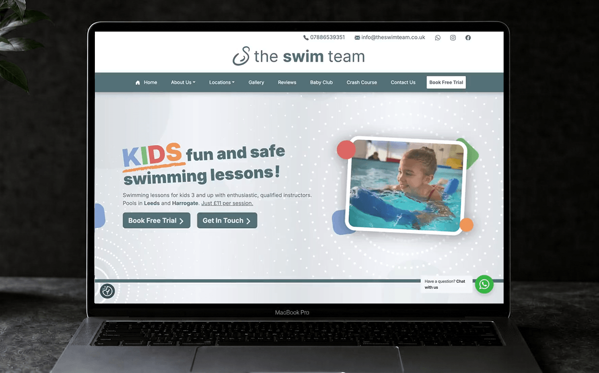 The Swim Team homepage, desktop view